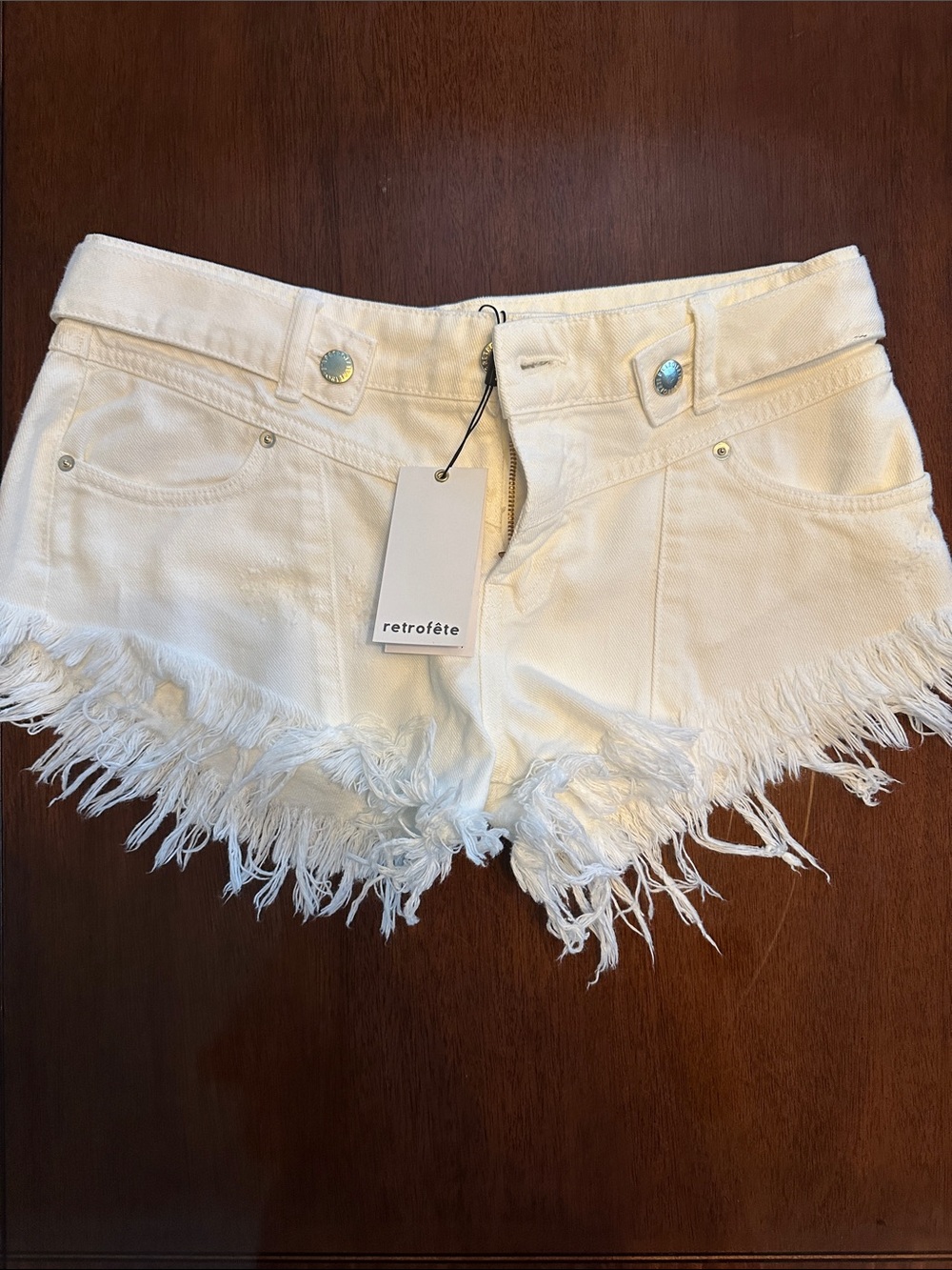 Retrofete White Distressed Frayed Hem Denim Shorts